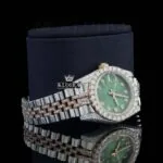 Green Dial Two Tone Rose Silver Moissanite Diamond Watch Right Profile View