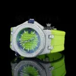 Green Dial White Stick Markers Semi Iced Out Moissanite Diamond Watch Left Profile View