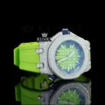 Green Dial White Stick Markers Semi Iced Out Moissanite Diamond Watch Right Profile View