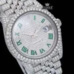 Green Roman Numerals Dial Full Iced Out Moissanite Diamond Watch Close Up Dial View