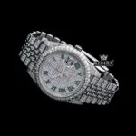Green Roman Numerals Dial Full Iced Out Moissanite Diamond Watch Close Up Front View