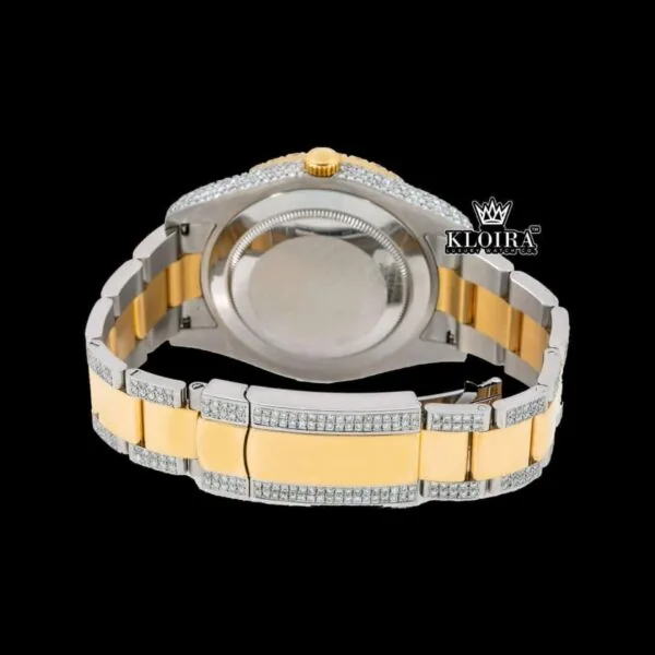 Green Roman Numerals Yellow Dial Two Tone Iced Out Moissanite Watch Caseback View