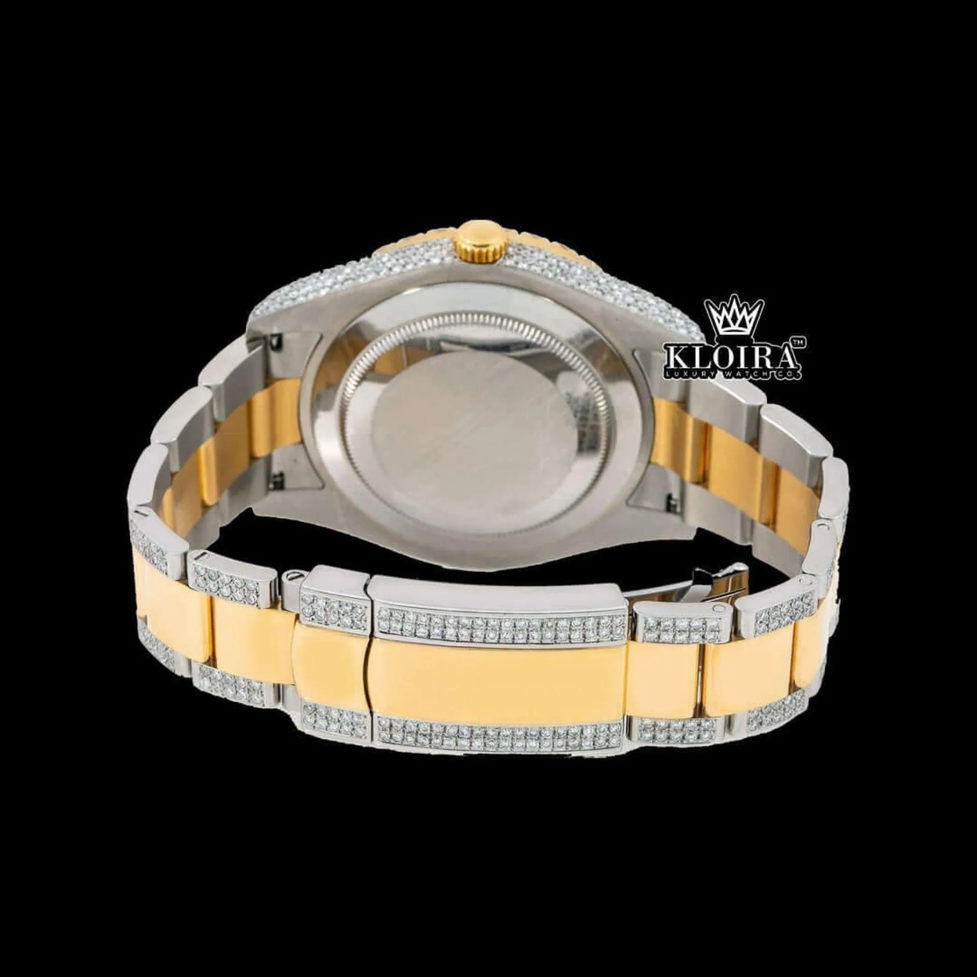 Green Roman Numerals Yellow Dial Two Tone Iced Out Moissanite Watch Caseback View