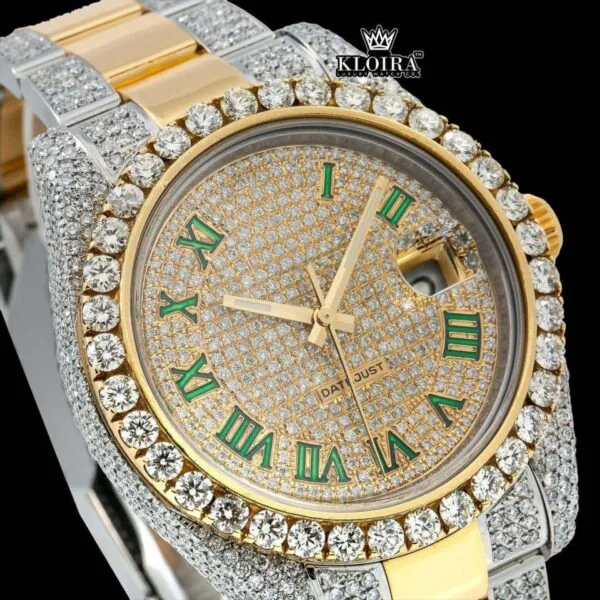 Green Roman Numerals Yellow Dial Two Tone Iced Out Moissanite Watch Close Up Dial View