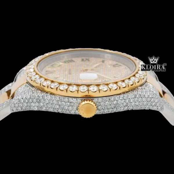 Green Roman Numerals Yellow Dial Two Tone Iced Out Moissanite Watch Crown View
