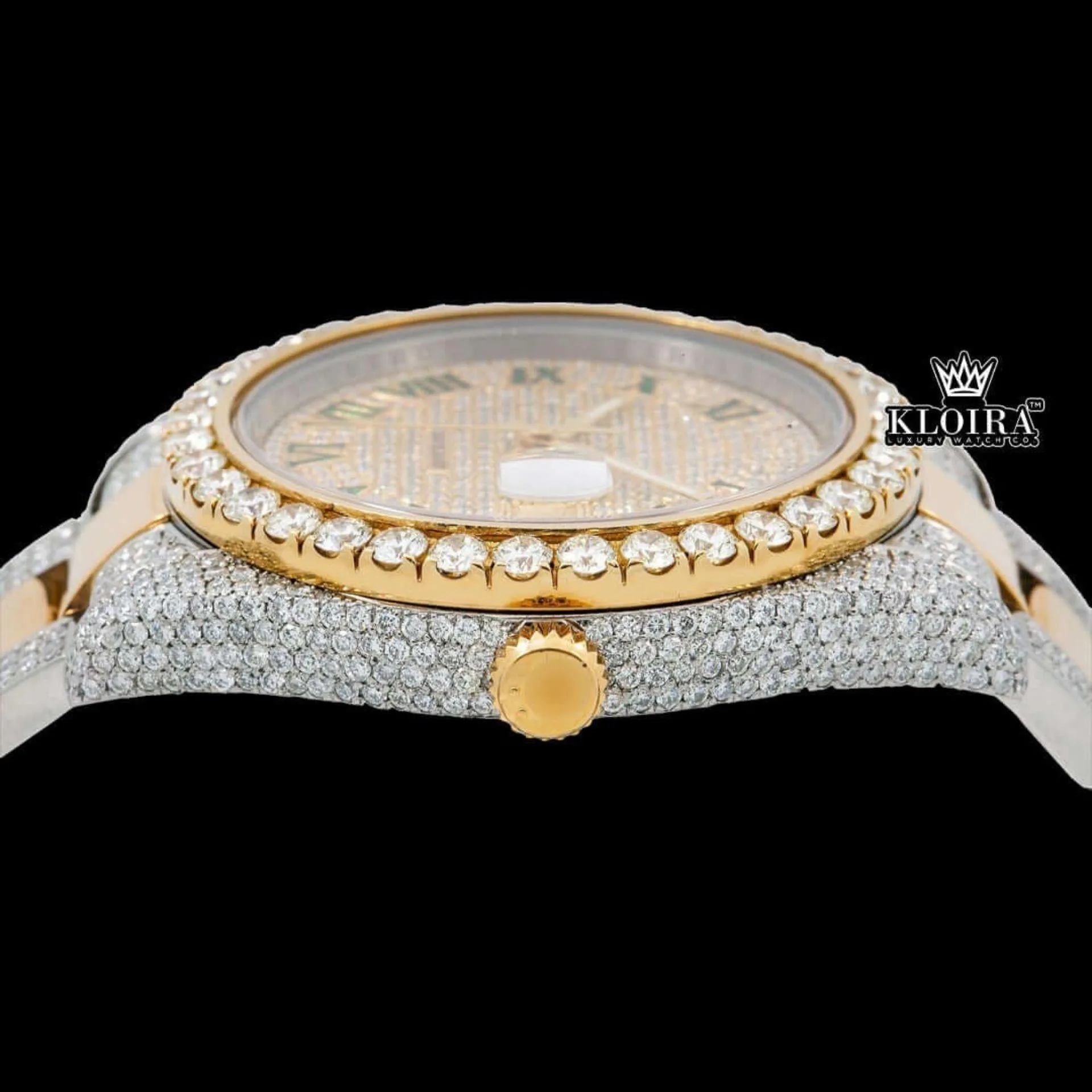 Green Roman Numerals Yellow Dial Two Tone Iced Out Moissanite Watch Crown View