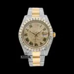Roles Green Roman Numerals Yellow Dial Two Tone Moissanite Watch with Iced Out Design