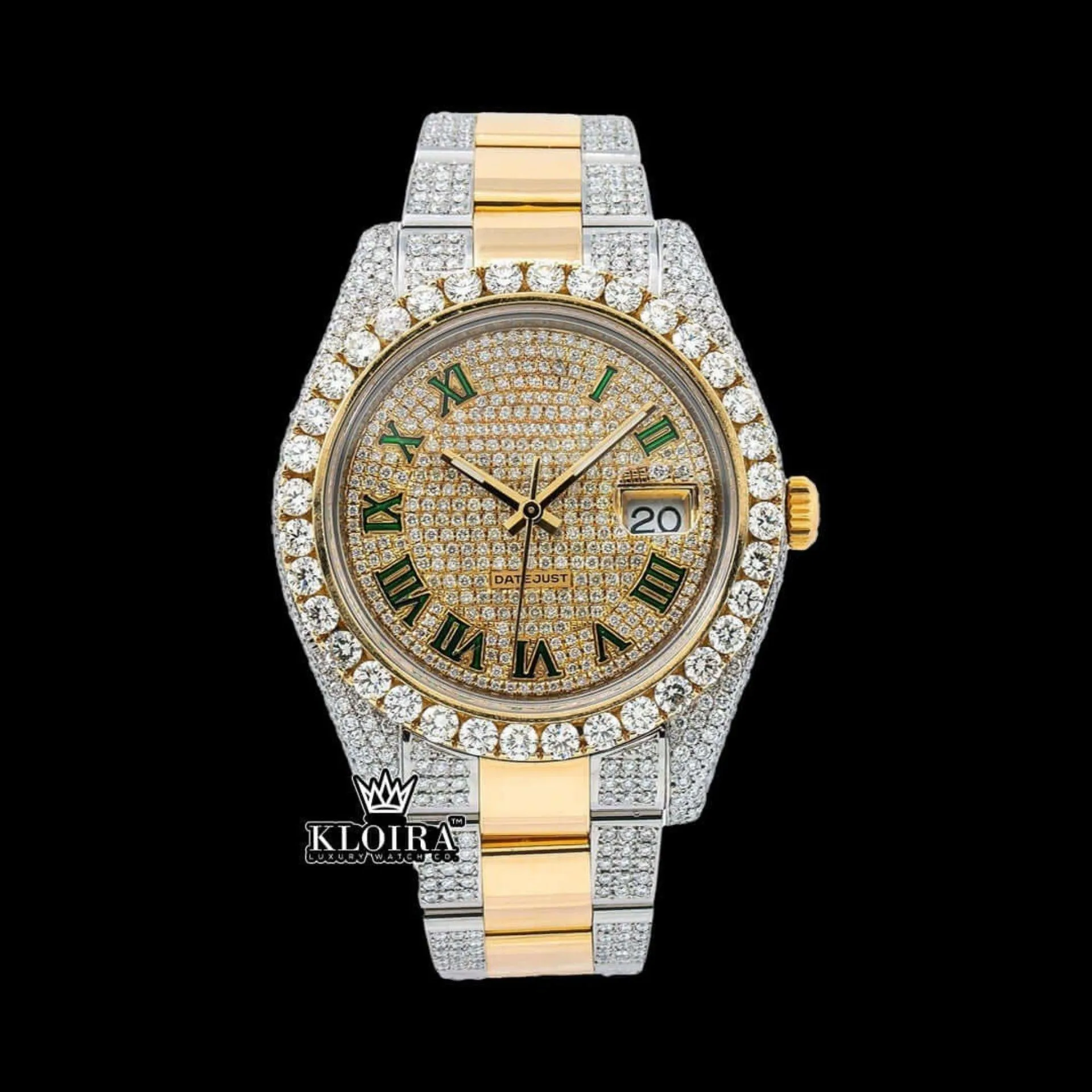 Roles Green Roman Numerals Yellow Dial Two Tone Moissanite Watch with Iced Out Design