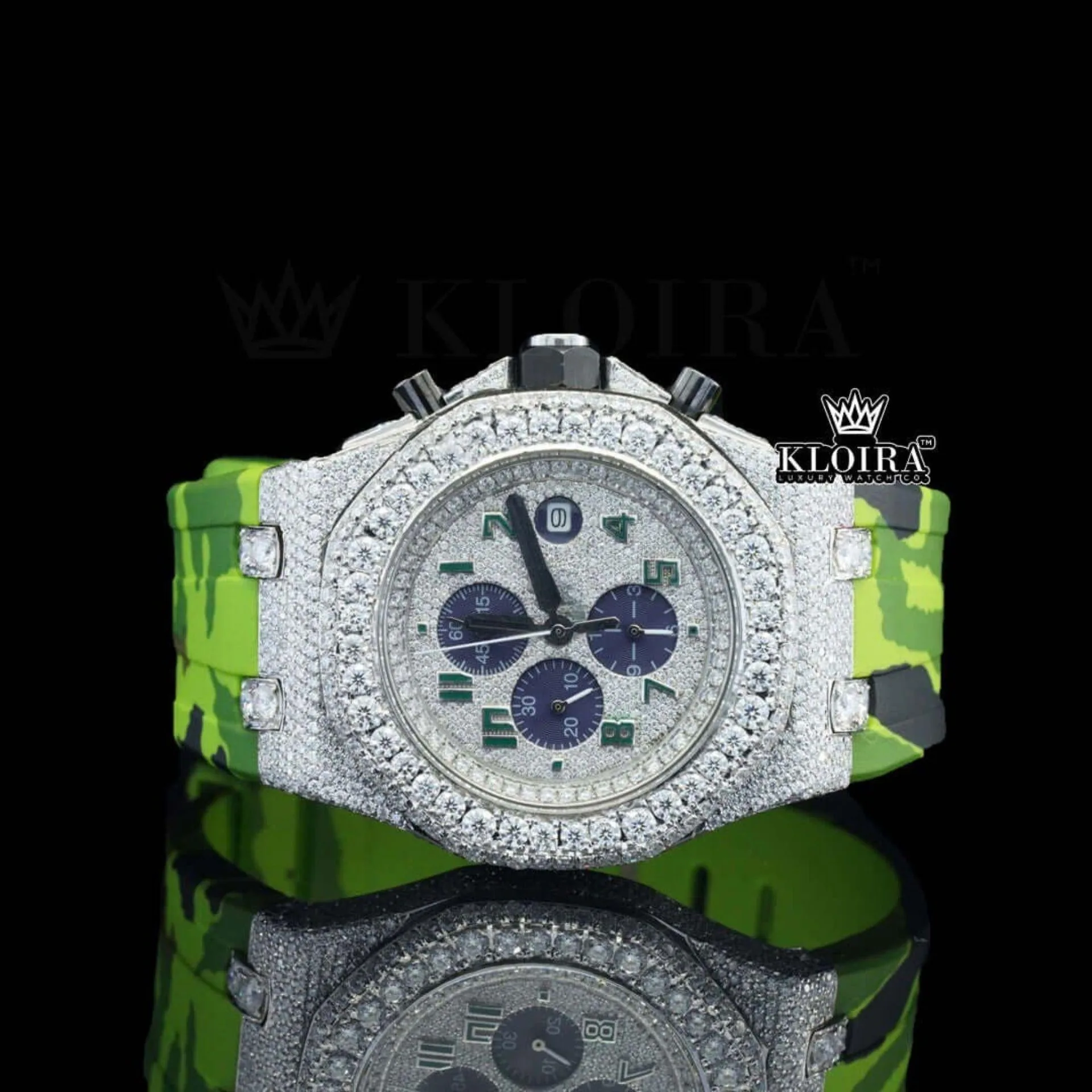 AP Royal Oak Offshore Moissanite Watch with Green Rubber Strap and Silver Dial