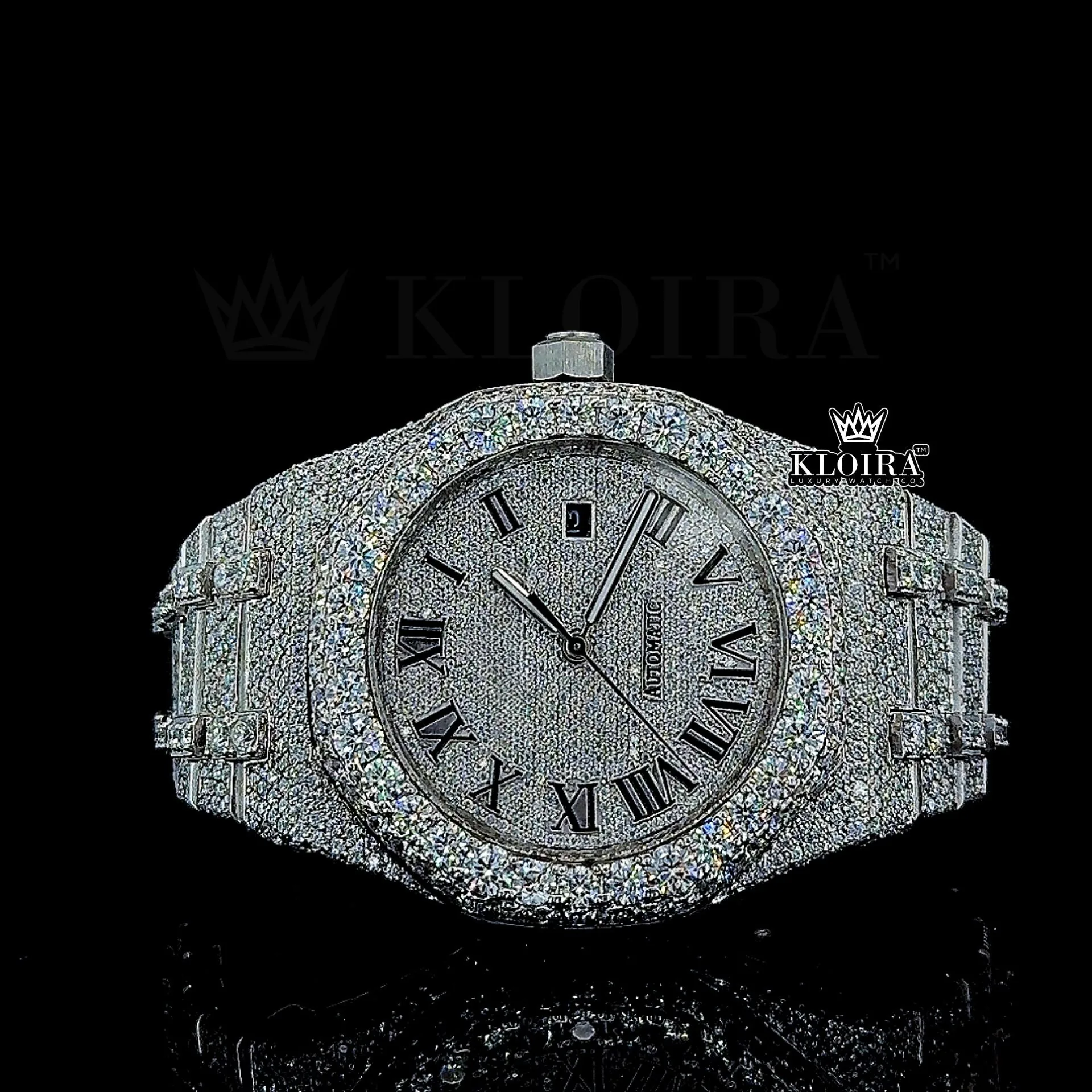 AP Iced Out Moissanite Watch with 14K Gold Plating and White Dial.