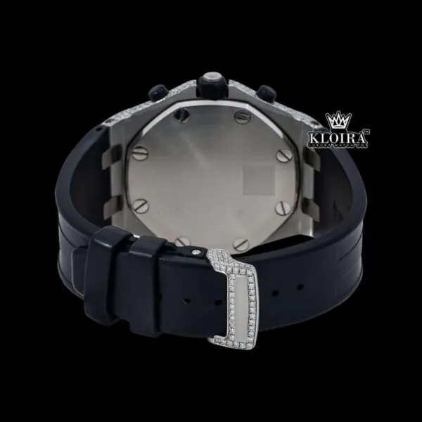 Iced Out Bezel Black Dial Rubber Strap Moissanite Diamond Watch Caseback View