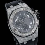 Iced Out Bezel Black Dial Rubber Strap Moissanite Diamond Watch Close Up Dial View