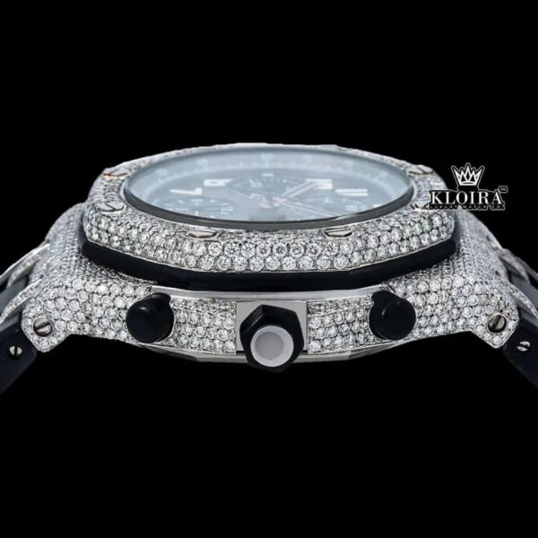 Iced Out Bezel Black Dial Rubber Strap Moissanite Diamond Watch Crown View