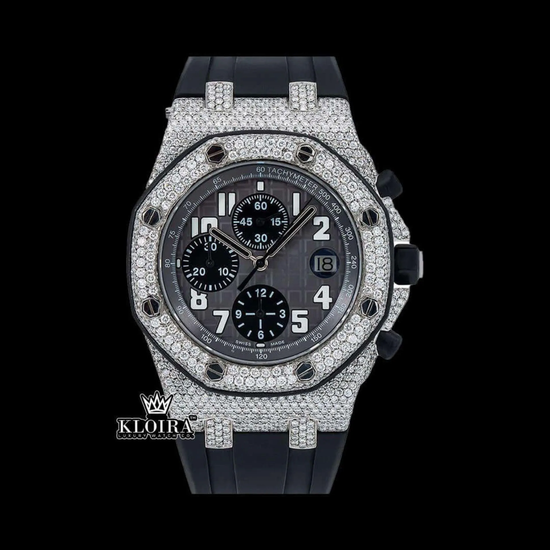 AP Royal Oak Offshore Moissanite Diamond Watch with Black Dial and Rubber Strap