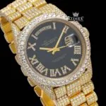 Iced Out Black Dial Roman Numerals Moissanite Diamond Watch Close Up Dial View
