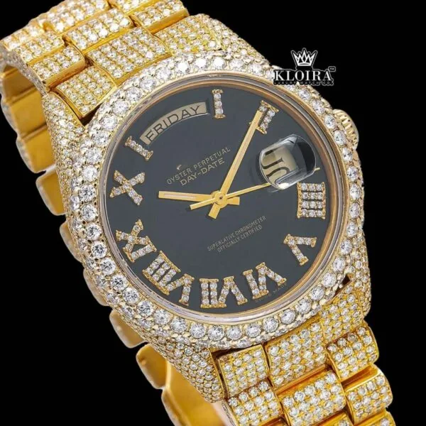 Iced Out Black Dial Roman Numerals Moissanite Diamond Watch Close Up Dial View