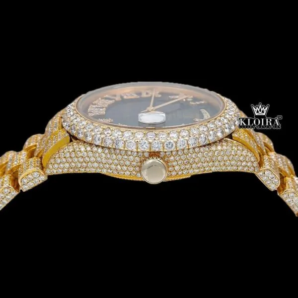 Iced Out Black Dial Roman Numerals Moissanite Diamond Watch Crown View