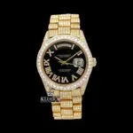 Roles Iced Out Black Dial Roman Numerals Moissanite Watch with Gold Detailing