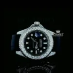 Roles Iced Out Moissanite Black Dial Rubber Strap Watch with sparkling bezel