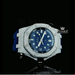 AP Iced Out Blue Date Display Dial Rubber Strap Moissanite Watch