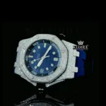 Iced Out Blue Date Display Dial Rubber Strap Moissanite Diamond Watch Left Profile View