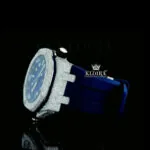 Iced Out Blue Date Display Dial Rubber Strap Moissanite Diamond Watch Left Side View