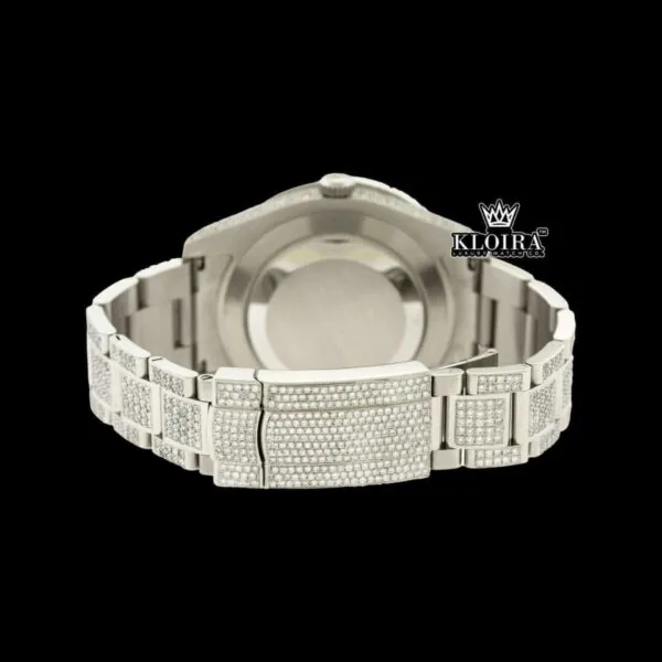 Iced Out Blue Roman Numerals White Gold Dial Moissanite Diamond Watch Caseback View