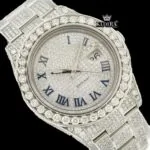 Iced Out Blue Roman Numerals White Gold Dial Moissanite Diamond Watch Close Up Dial View
