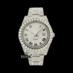 Roles Iced Out Blue Roman Numerals Moissanite Watch with White Gold Dial