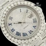 Iced Out Blue Roman Numerals White Gold Dial Moissanite Diamond Watch Full Close Up Dial View