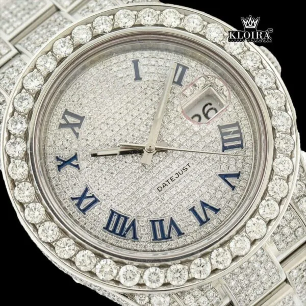 Iced Out Blue Roman Numerals White Gold Dial Moissanite Diamond Watch Full Close Up Dial View