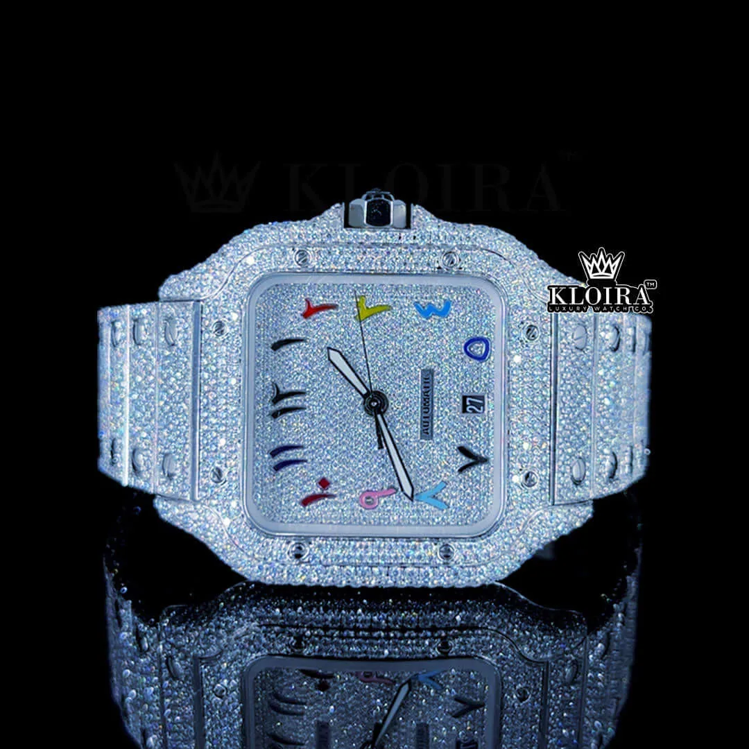 Cartior Iced Out Moissanite Watch with Rainbow Arabic Numerals