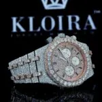 Iced Out Chronograph Dial Two Tone Bracelet Stick Markers Moissanite Watch Left Strap View