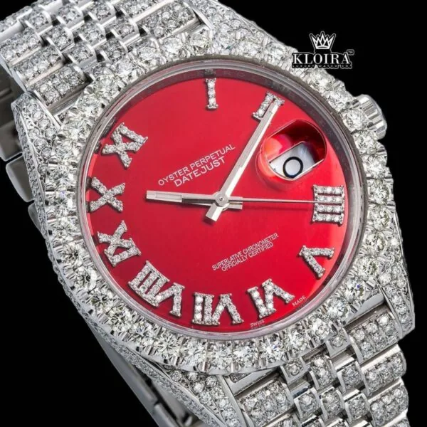 Iced Out Red Dial Roman Numeral Moissanite Diamond Watch Close Up Dial View