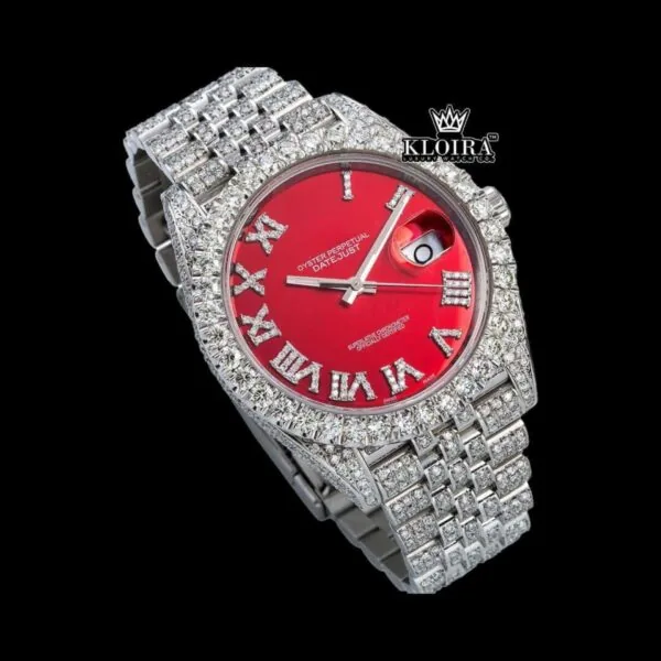 Iced Out Red Dial Roman Numeral Moissanite Diamond Watch Close Up Front View