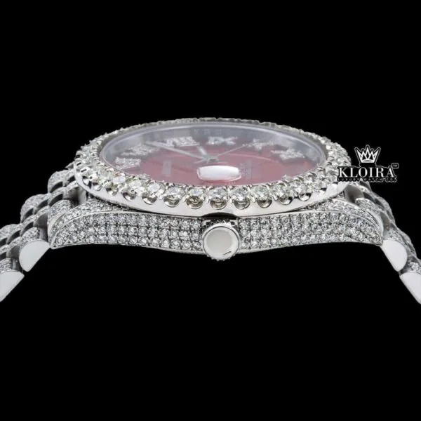 Iced Out Red Dial Roman Numeral Moissanite Diamond Watch Crown View