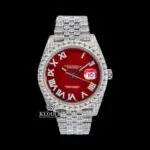 Roles Iced Out Red Dial Roman Numerals Moissanite Watch with Gold Plating