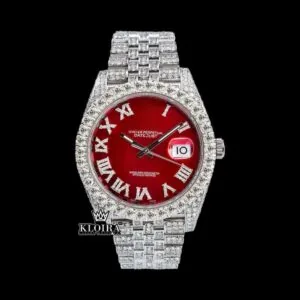 Roles Iced Out Red Dial Roman Numerals Moissanite Watch