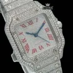 Iced Out Red Roman Numerals White Dial Moissanite Diamond Watch Close Up Dial View