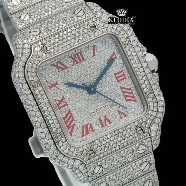 Iced Out Red Roman Numerals White Dial Moissanite Diamond Watch Close Up Dial View