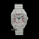 Cartior Iced Out Moissanite Diamond Watch with Red Roman Numerals
