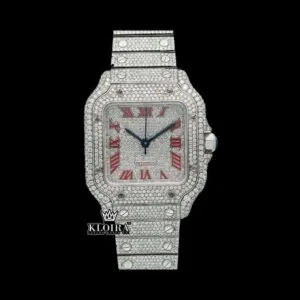 Cartior Iced Out Moissanite Diamond Watch with Red Roman Numerals