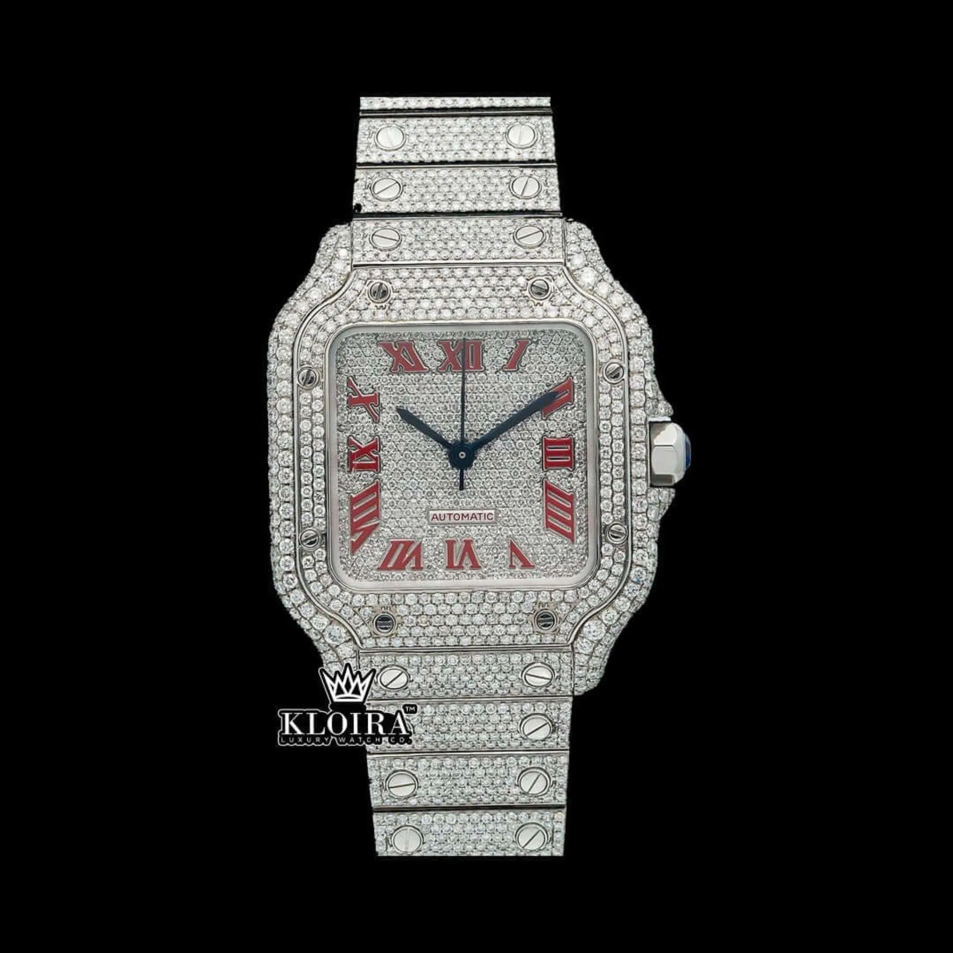 Cartior Iced Out Moissanite Diamond Watch with Red Roman Numerals and White Dial