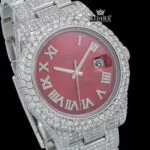 Iced Out Roman Numeral Red Dial Moissanite Diamond Watch Close Up Dial View