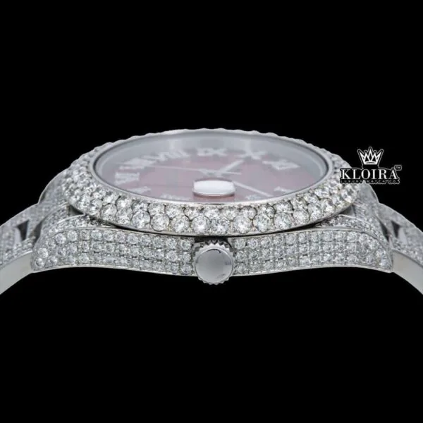 Iced Out Roman Numeral Red Dial Moissanite Diamond Watch Crown View