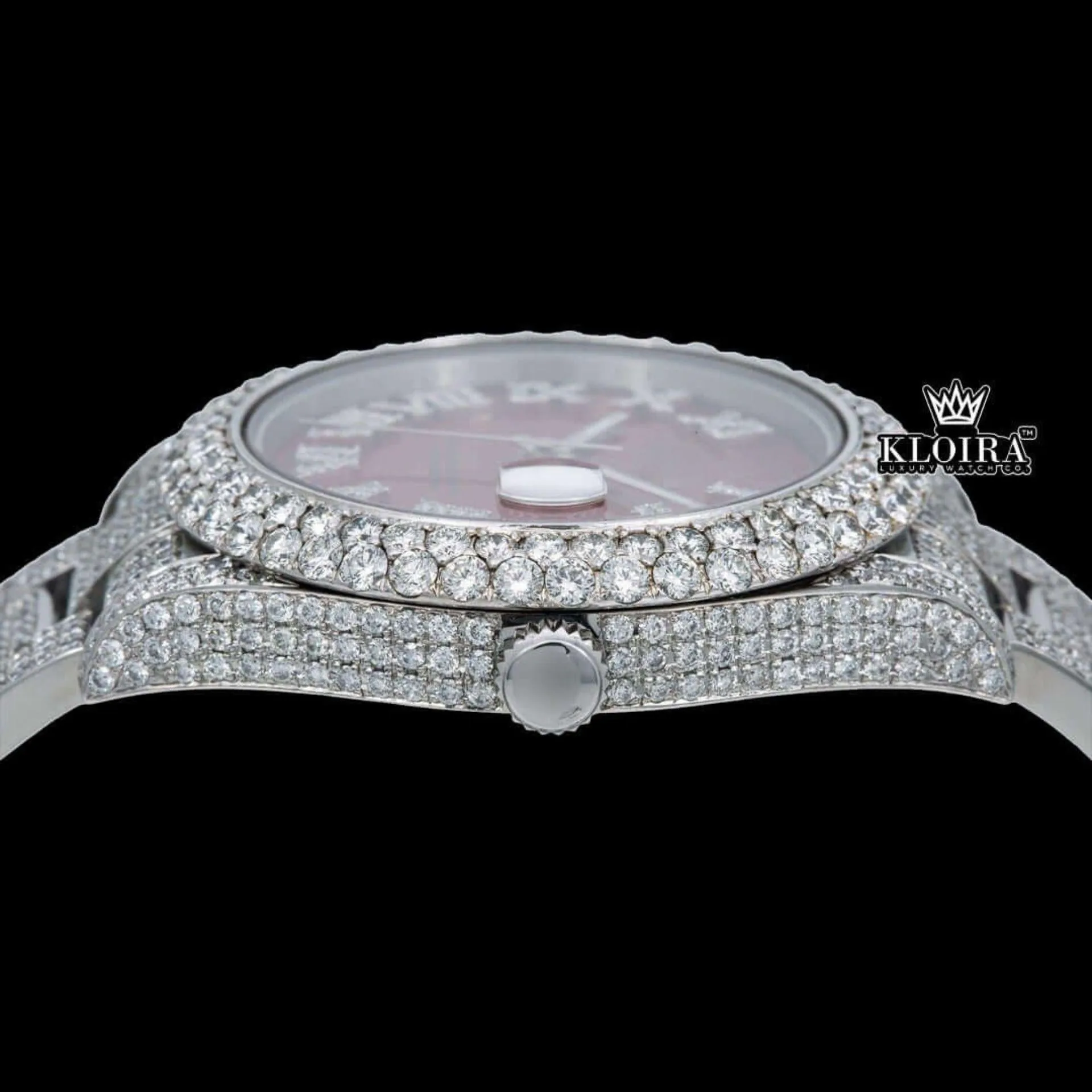 Iced Out Roman Numeral Red Dial Moissanite Diamond Watch Crown View