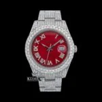 Roles Iced Out Roman Numeral Red Dial Moissanite Diamond Watch