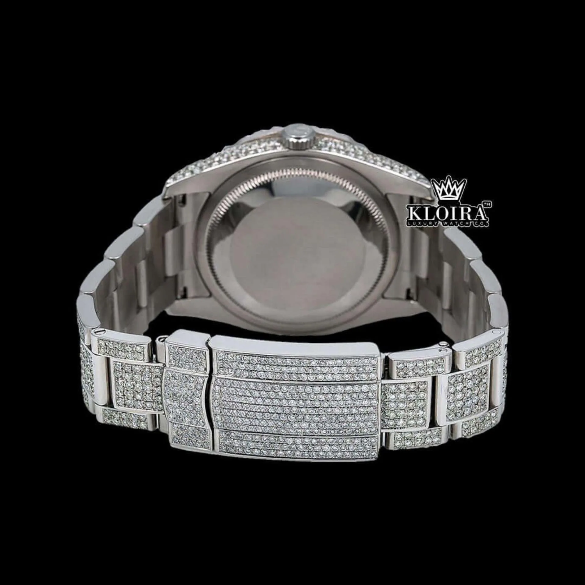 Iced Out Roman Numerals Blue Dial Moissanite Diamond Watch Caseback View