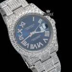 Iced Out Roman Numerals Blue Dial Moissanite Diamond Watch Close Up Dial View