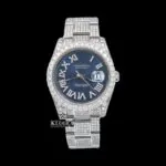 Roles Iced Out Roman Numerals Blue Dial Moissanite Watch with Gold Plating
